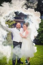wedding_photography_at_egypt_mill_38 Smoke grenade Bride & Groom wedding photography at Egypt Mill